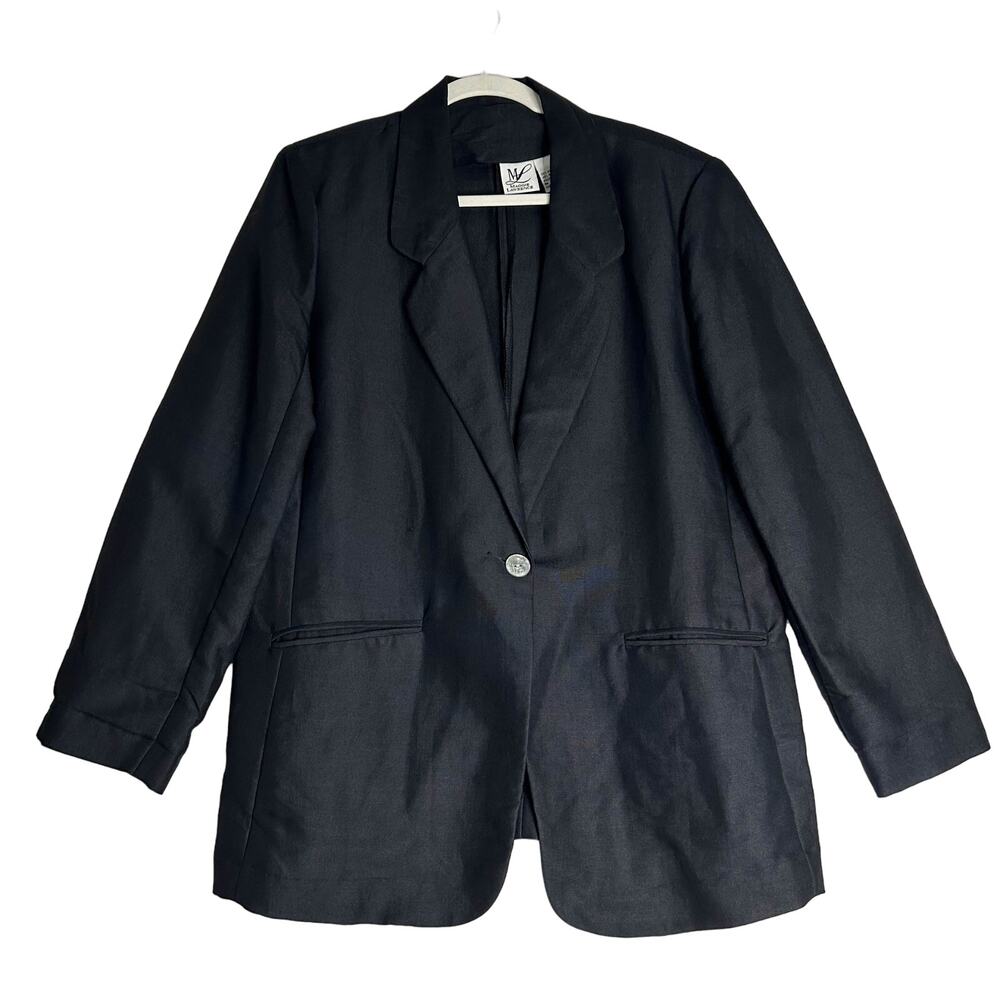 VTG 90s Maggie Lawrence Blazer Jacket Womens L Black One Button Oversized Ramie